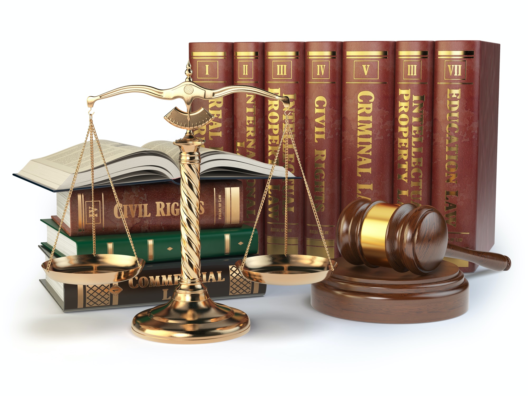 Gold scales of justice, gavel and books with differents field of