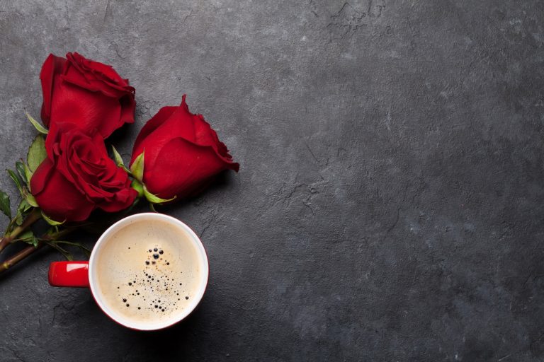 Valentines day card with coffee and roses